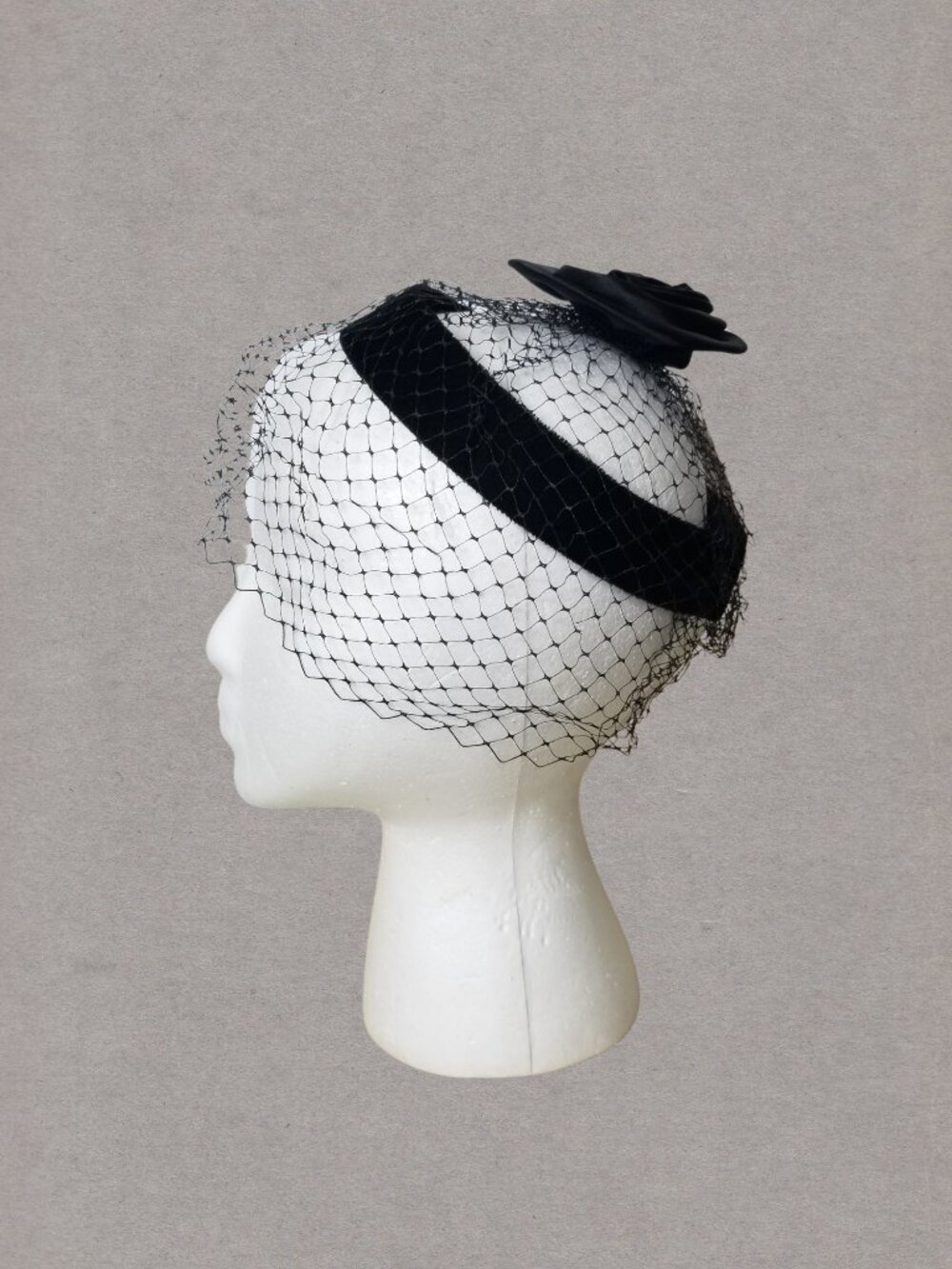 1960s Black Fascinator Headband with Netting & Black Rose Accent